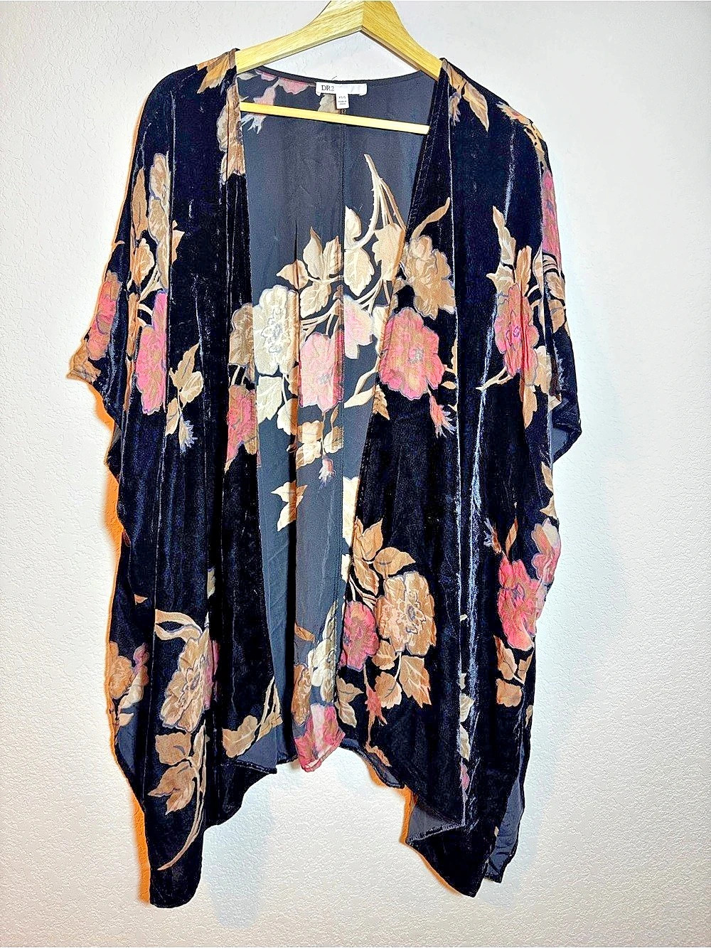 DR2 Black Floral Burnout Velvet Boho Kimono Open Front Cardigan XS/S